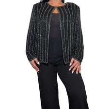 Vintage Papelle Boutique black and silver silk Beaded Evening Jacket size XL