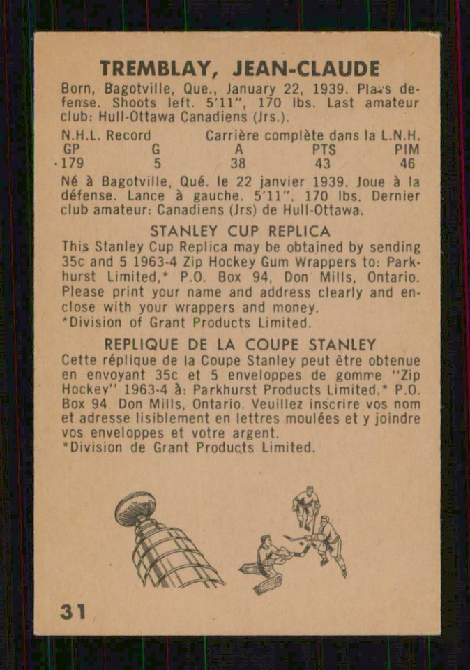 1963-64 PARKHURST # 31 JEAN-CLAUDE TREMBLAY 15165 | eBay