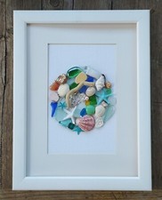 Beach Sea Glass Art framed,Coastal Wreath Picture, Shells,cornish Cornwal