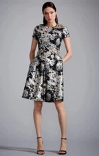 EUC David Meister Dress Floral Jacquard Metallic Cocktail Party Dress Size 8