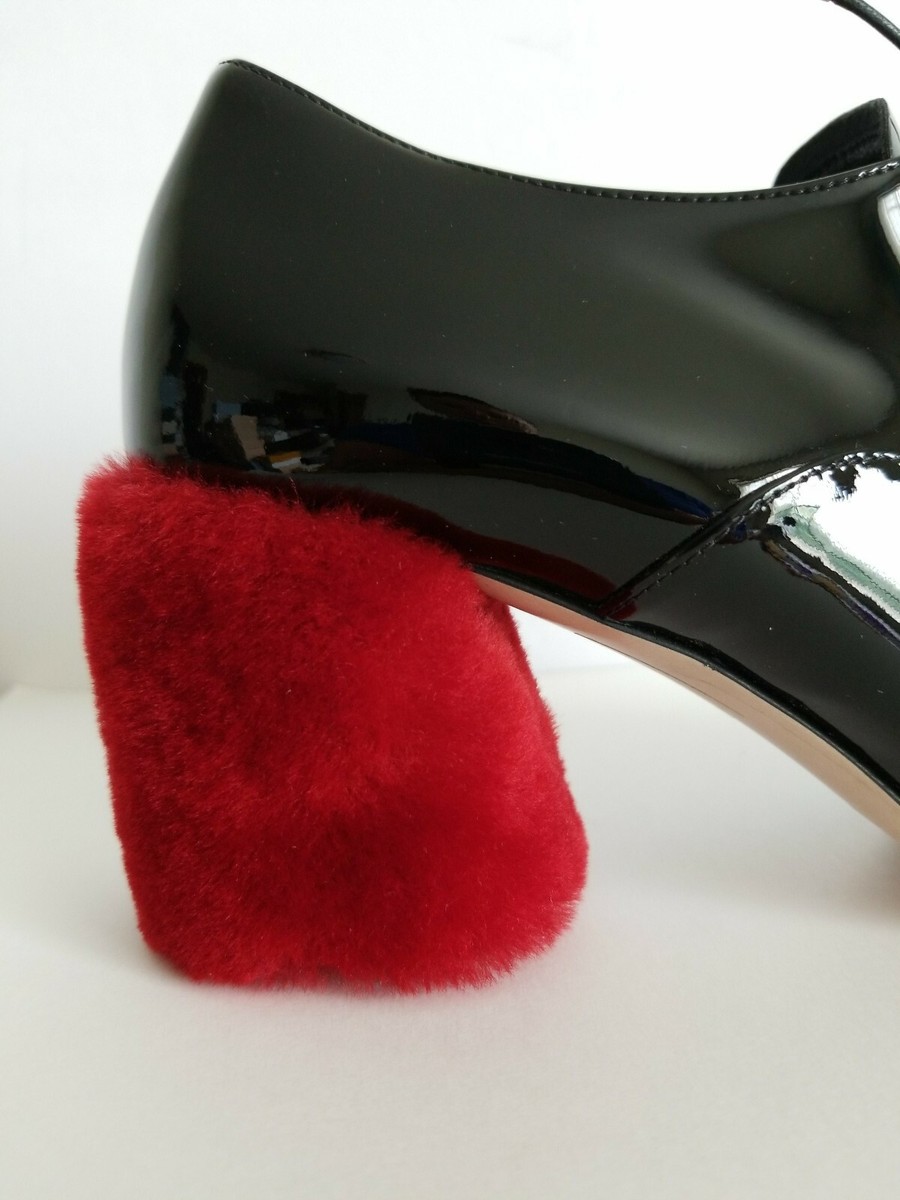 MIU MIU AMAZING BLACK PATENT RED SHEARLING FUR HEEL OXFORDS EU 37