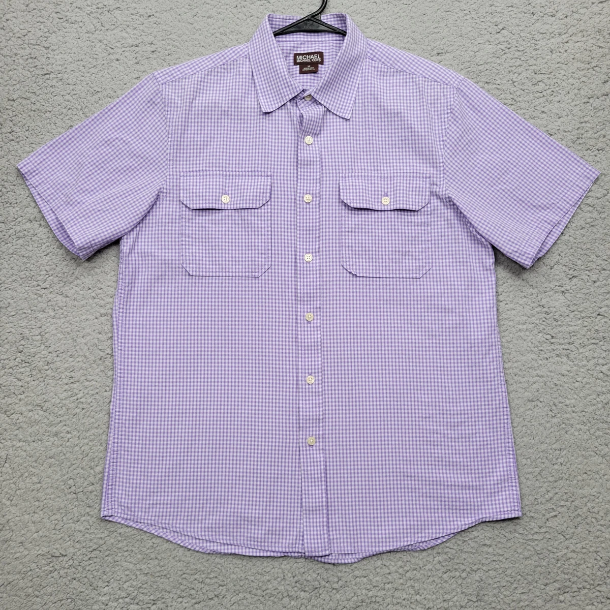 Michael Kors Shirt Women s Medium Purple White Gingham Short Sleeve Button Up