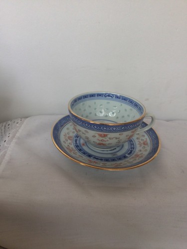 Vintage Chinese Tea Cup & Saucer Set Rice Blue White Linglong Dragon Multicolor - Picture 16 of 20