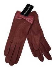 Ladies Fleece Touchscreen Gloves With Bow Accent Detail, Burgundy/Maroon S/M New