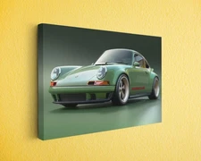 Green Porsche Sports Car Canvas Wall Art – Wide Body Racer with Custom Rims
