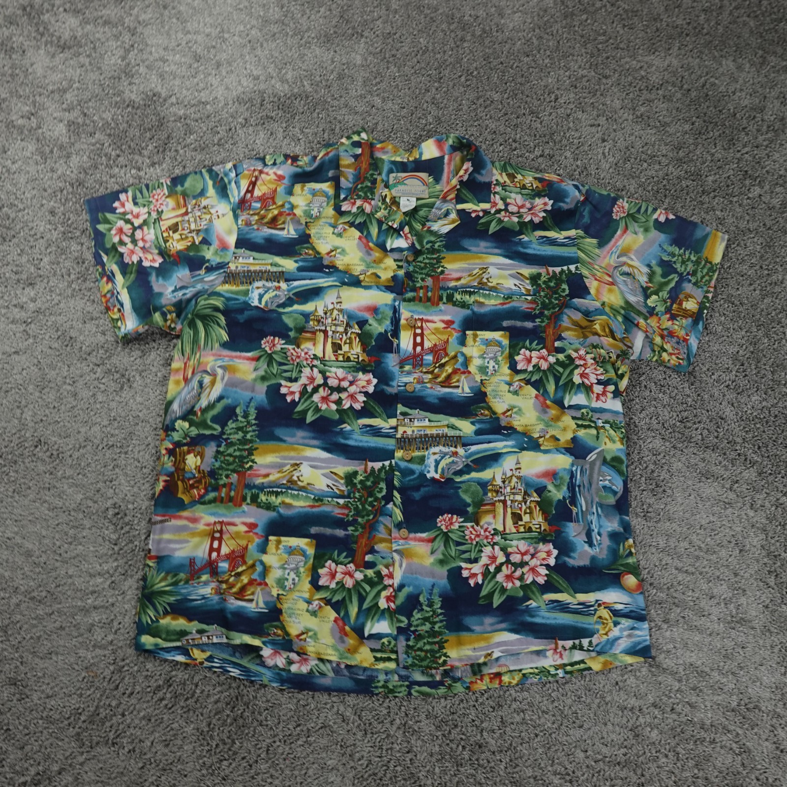 Paradise Found Hawaiian Shirt Mens 2XL California Map Camp Collar Aloha Rayon