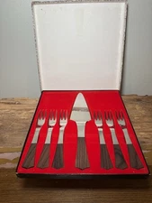 Vintage Burnco Dessert Set 6 Forks + Server Wood Handles MCM Stainless Steel NOS