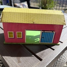 Ohio Art Tin Litho Barn  Silo 10" X 4 1/2"x 5" Vintage GUC Pink Yellow Blue