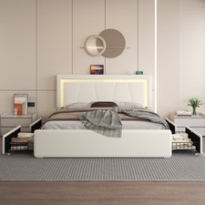 Queen Upholstered Bed Frame, 4 Drawers, LED Light and Adjustable Headboard