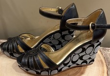 Coach Katherine Black  Gold Wedge Sandals Monogram Heels Sz-8 Platform