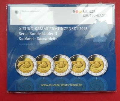 5x 2 Euro BRD, 2025, Saarland - Saarschleife, Serie Bundeländer II, PP, OVP, rar - Bild 1 von 2