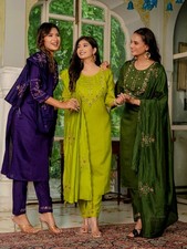 Stylish Bollywood Women Kurta Pant Dupatta Set  Marina Silk Indian Pakistani L