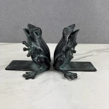 Pair of 2 SPI Bronze Patina Cast Metal Singing Frog Open Mouth Bookends
