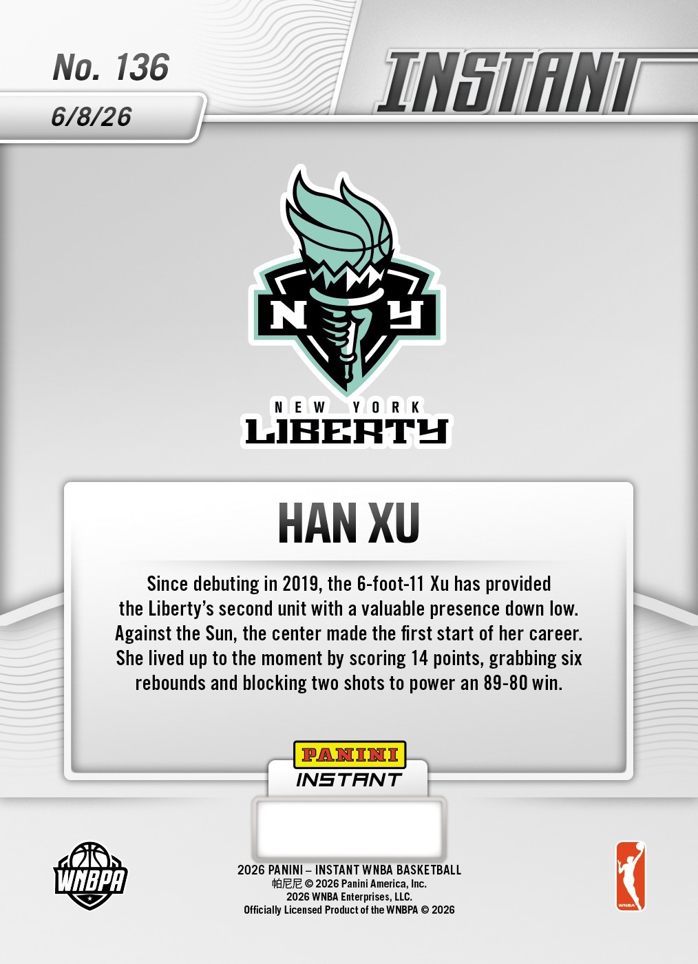 *PRESALE* 2026 Panini Instant WNBA Han Xu #136 ~ New York Liberty view 2