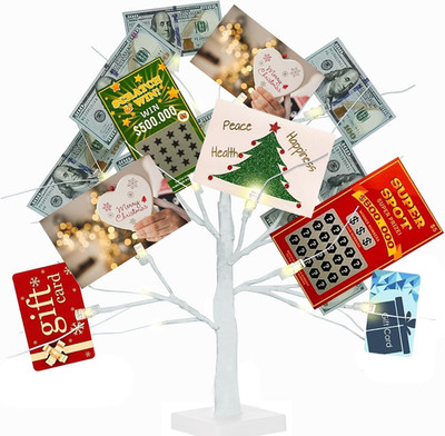 Money Tree Gift Holder, 2FT 24 LED Birch Tree with 12 Clear Clips, Battery Power