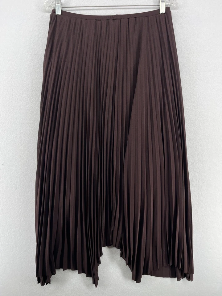 Saia ZARA L plissada bainha assimétrica cintura elástica midi swing forrado marrom - Imagem 2 de 4
