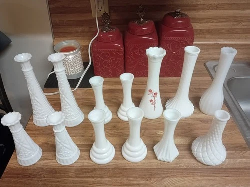 LARGE Lot of 13: Vintage Milk Glass Stars & Bars Bud Vases, 9 inch and 6 inch