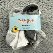 Cat Jack Ankle Socks Kids Small 5.5-8.5 White Gray 10 Pair Striped Soft New