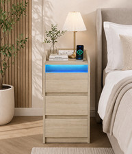 Bedside Tables Set of 2 Nightstand 3 Drawer Charging Station LED USB Oak Table