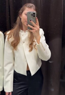 ZARA NEW WOMAN MANDARIN COLLAR CROP BLAZER SZ XL OYSTER WHITE 5247
