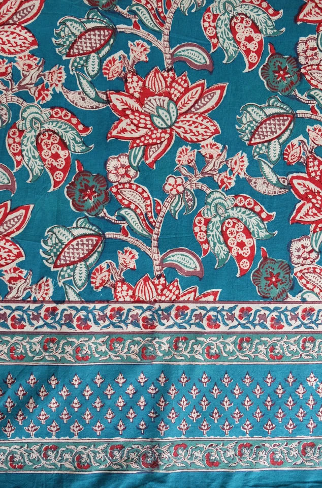 Mantel impreso en bloque a mano - Nenúfar verde azulado - 90" x 60" Foto 3 de 3