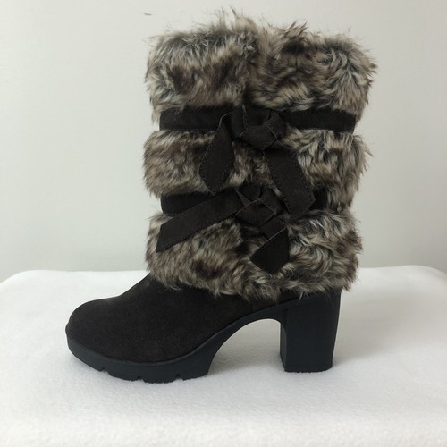 Brown Suede Faux Fur Bows Lug Soles 