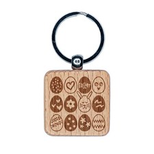 Decorated Easter Eggs Fun Engraved Wood Square Keychain Tag Charm