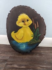 Cute Original Oil Painting of Adorable Yellow Duck on Live Rustic Wood Slab 