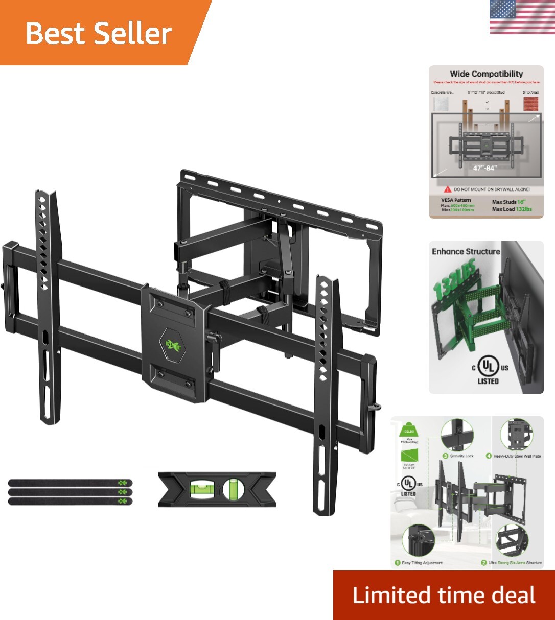 Articulating TV Mount with Dual Swivel for Enhanced Viewing - Fits 47-84 Inches-image