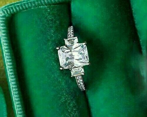 2Ct Emerald Simulated Diamond Ring in 14K White Gold Plated Silver-image