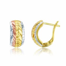 Diamond Cut Wide Huggie Hoop Earrings Leverback Solid Real 14K TriColor Gold