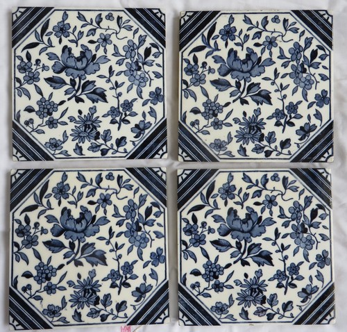 Victorian Fire Tiles Four Blue & White 15cm Thick Majolica Glazed Collector - Picture 4 of 4