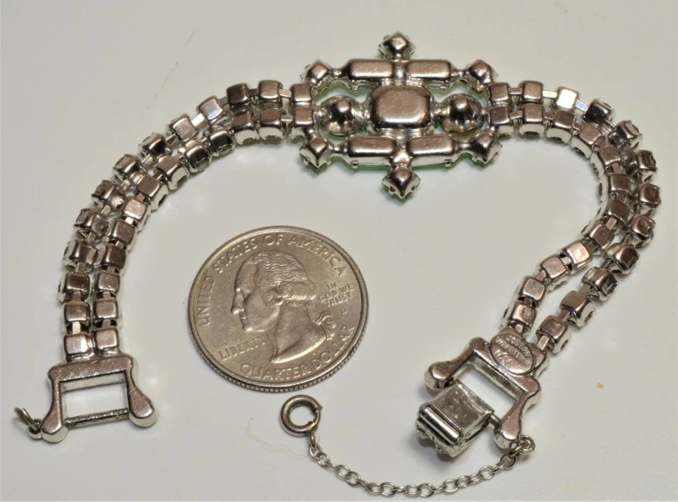 Vintage 50s Firmato Joseph Wiesner Ny Color Argento Verde Trasparente Strass 7 " - Immagine 3 di 4