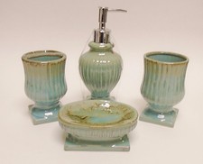 NEW 4 PC SET BLUE TURQUOISE BROWN,CERAMIC SOAP DISPENSER TUMBLER TOOTH SOAP