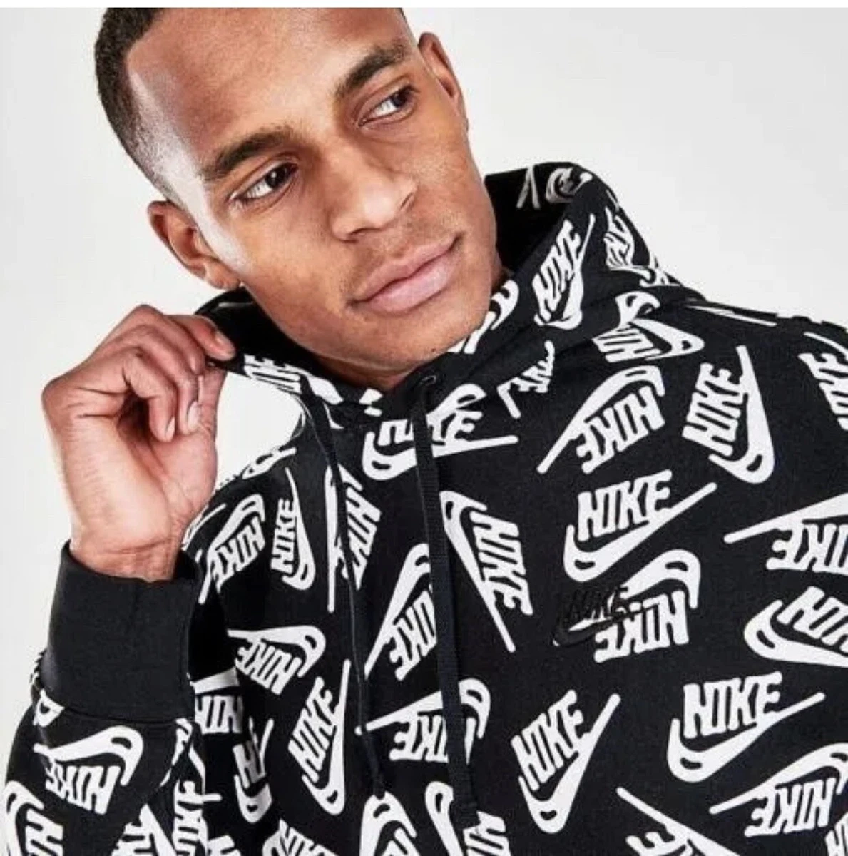 NIKE Black White Logo All Over Print Hoodie Pullover DV8152 010 Medium Men new