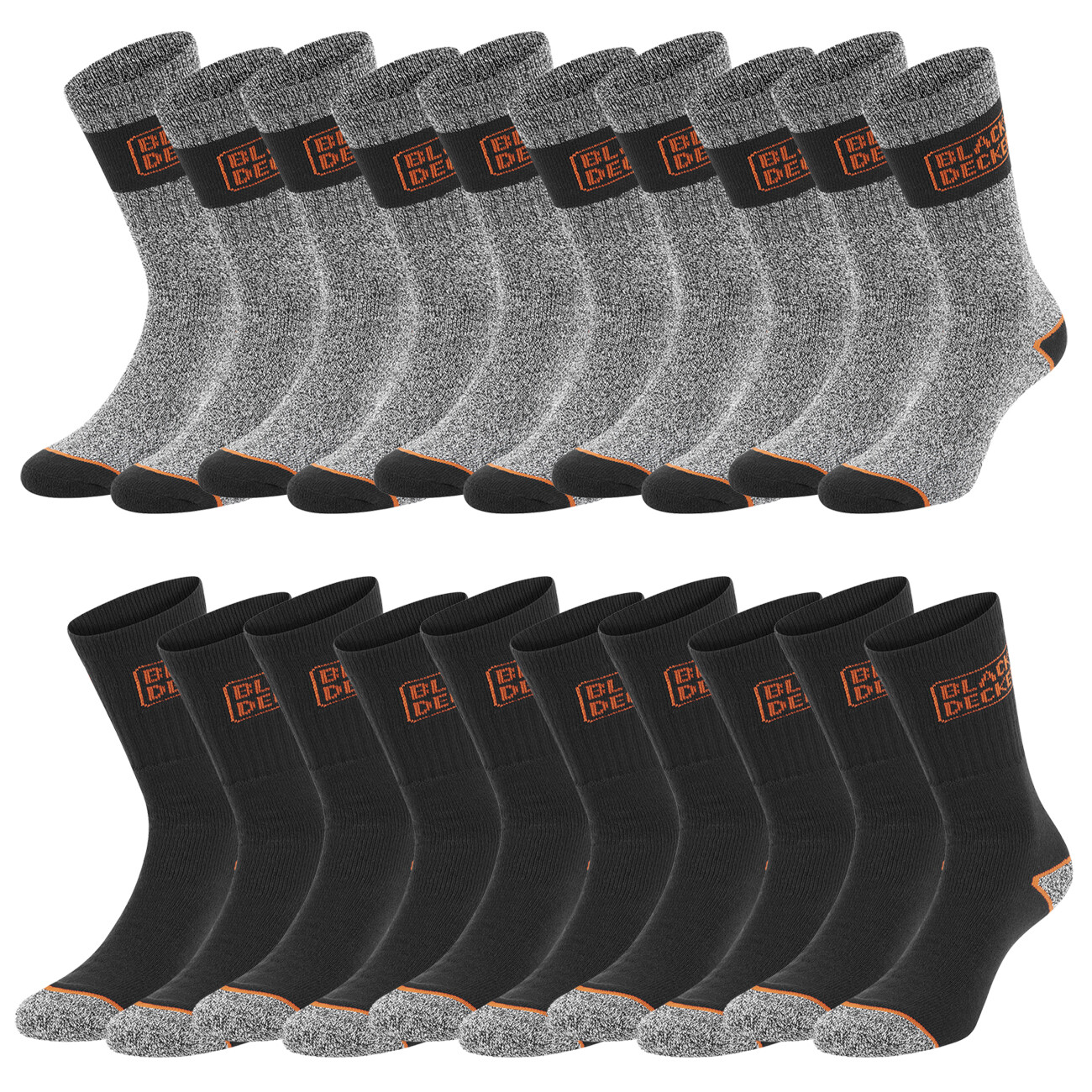 Black+Decker Herren Arbeitssocken Work Socken lang Schwarz Grau 10er Pack NEU