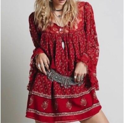 Free People Floral Lace Nomad Child Red Dress Tassels Size XS Boho Whimsical
