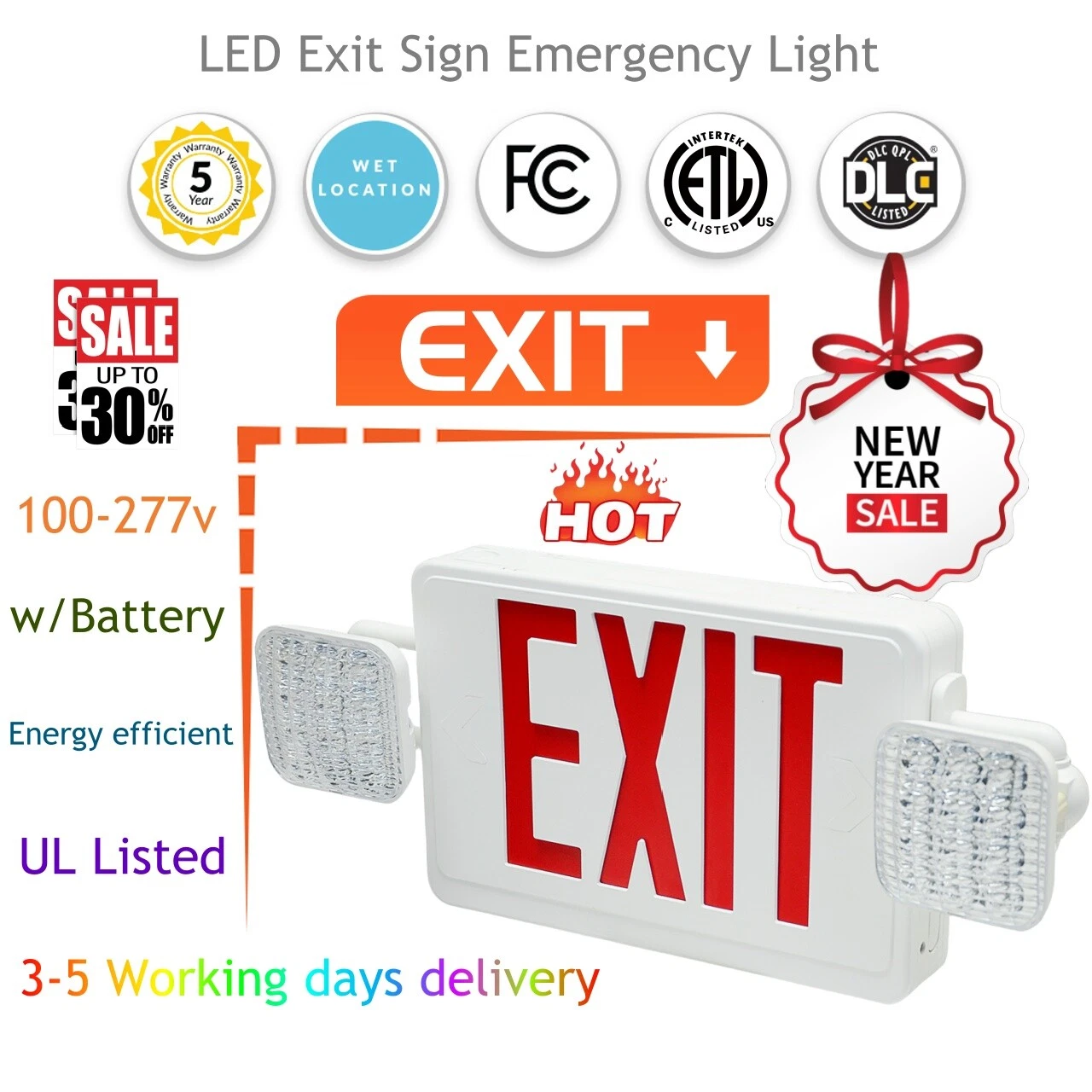 LED Exit Sign with Emergency Lights,Red Letter Emergency Exit Sign Light,UL List