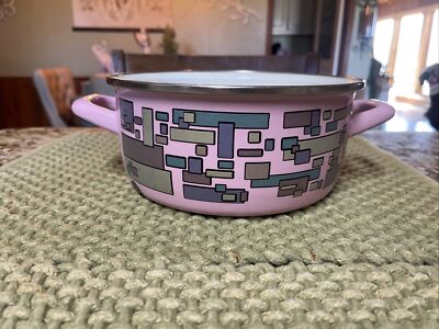 Metalac Sauce Cook Pot Pan Enamel Ware Pink Geometric Retro 8.5 Made in Serbia