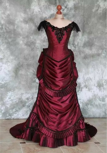 Burgundy Gothic Victorian Bustle Wedding Dresses Vintage Beaded Lace-up  Back | eBay