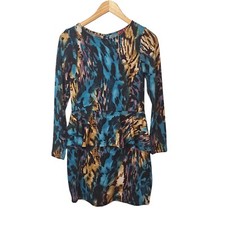 Isle Apparel Women's Peplum Fitted Dress Size S Blue Multi Long Sleeve Knit VTG