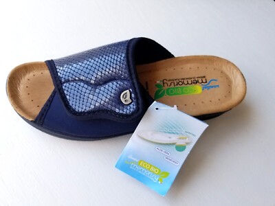 Women's ''Eco Bio'' Blue Italian Comfort hook/loop Slides, Memory foam US 7.5