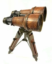 Nautical 6" Binocular Antique Table Top Brass Telescope with Wooden Tripod Stand