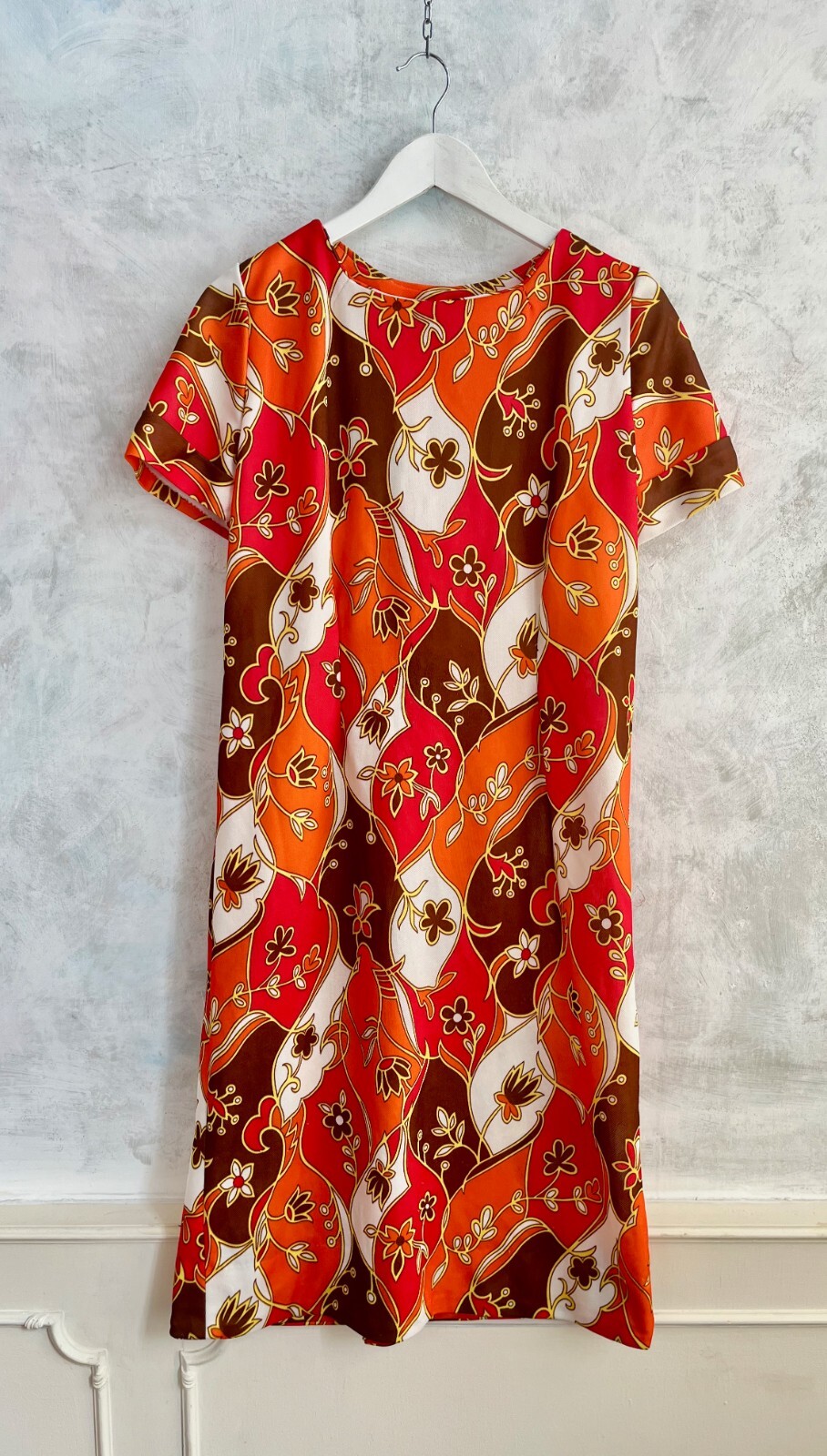 Vintage 1970's Orange Red Patchwork Polyester Ret… - image 2