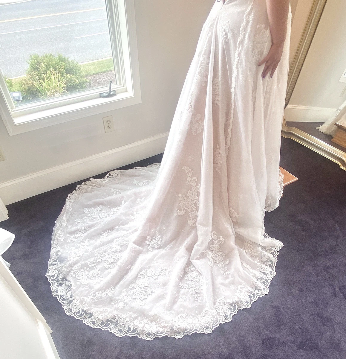 ebay lace wedding dress Wedding Dresses Lace Long Sleeve Strapless A Line Off Shoulder Sweep  Train=-=