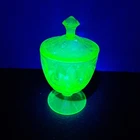 Jeanette Floral Poinsettia Green Depression Uranium Glass Candy Dish W/Lid 6 1/2