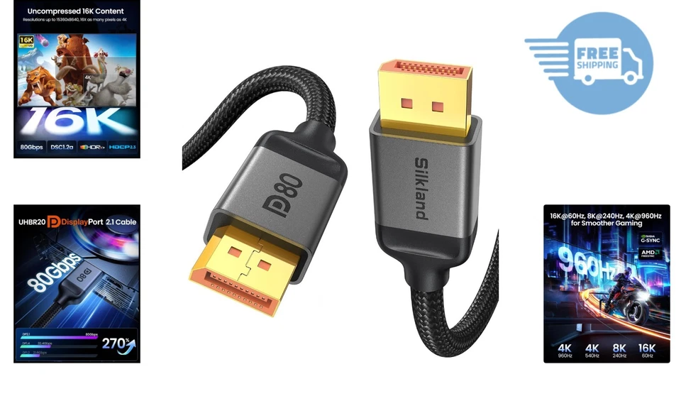 80Gbps DisplayPort 2.1 Cable - 10FT Cable for Unmatched Gaming Visuals - Image 2 of 4