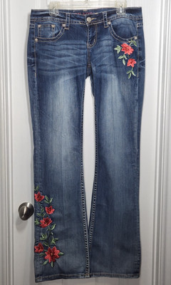Grace in LA Women 28 (Meas 32x35) Western Jeans Floral Embroidered Flare Bootcut