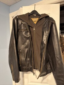 Vintage Levi’s Men’s Distressed Faux Leather Jacket with hoodie  Lining Size L 