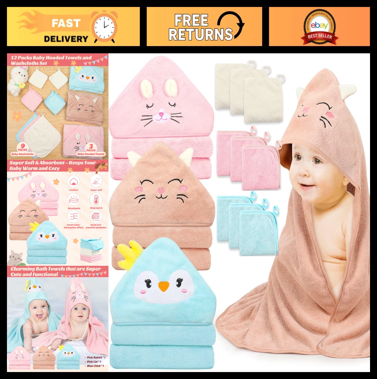 12 PCS Hooded Baby Towels Set - Soft, Absorbent Bath Towels & Washcloths for New